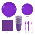 Conjunto de vajilla de fiesta desechable morada con platos vasos servilletas y cubiertos. - Púrpura