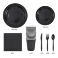 Conjunto de vajilla de fiesta desechable negra con 10 platos de papel, tazas y cubiertos. - Negro