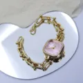 Luxury square pink dial women watch with gold chain link bracelet fashion elegant wristwatch - Pink