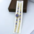 Damen Quarz Mode Uhr Set Detail, goldenes Metallarmband, blaues Strass Zifferblatt. - Blau