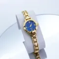 Damen kleine runde Zifferblatt Quarzuhr minimalistisch Goldkette Armband schick Vintage. - Gold Blau