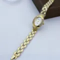 Mujer oro diamantes imitación cuarzo reloj ovalado lujo moda pulsera reloj diario - Blanco