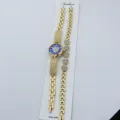 Goldfarbenes Damen Quarz Armbanduhr Set mit blauem Herz Zifferblatt und Strasssteinen. - Blau