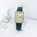 Reloj de cuarzo para mujer elegante con correa de cuero verde y bisel rectangular con pedrería. - Verde