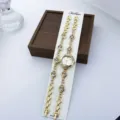 Goldener Strass Quarz Uhr und Armband Set für Damen, elegante Mode kleine Zifferblatt Uhr. - Weiß