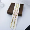 Damen Quarz Uhr Armband Set rosa runde Kristalle gold Metall Armbanduhr elegant Mode Geschenk - Rosa