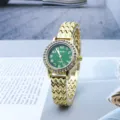 Gold women quartz watch green dial rhinestone bezel chevron metal strap fashion wrist watch - Gold Green