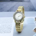 Fashion women gold quartz watch with rhinestone bezel and wavy bracelet design for daily wear. - Gold White