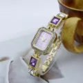 Damen quadratische Kristall Quarz Uhr Luxus Gold Kette lila Strass Modische Armbanduhr - Lila