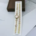 Damen Quarzuhr Armband Set Goldfarben Rosa Kristall Zifferblatt Modische Armbanduhr - Rosa