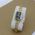 Elegant women's rectangular quartz bracelet watch with hollow gold bangle band for daily use. - Black