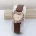 Reloj de mujer cuarzo strass corazón con correa de cuero marrón elegante reloj moda chic. - Café