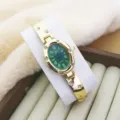 Korean style oval green dial quartz watch for women with gold tone rhinestone bracelet strap. - Gold Green