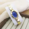 Elegant women oval quartz watch with blue dial, roman numerals and rhinestone gold strap. - Gold Blue
