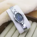 Elegant women's oval quartz watch with silver bracelet strap and sparkling rhinestones dial. - Silver Black