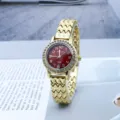 Fashion women quartz watch with red dial rhinestone bezel and gold zigzag bracelet - Gold Red