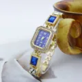 Damen Luxus Mode Quarz Uhr mit rechteckigem blauem Zifferblatt Strass Ketten Armband Geschenk - Blau