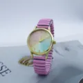 Women fashion quartz watch with colorful gradient dial and pink stretch metal strap. - Pink
