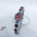 Damen Quarzuhr silberfarben ovales rotes Zifferblatt Strass Tropfen Armband Mode Accessoire - Silber Rot