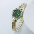 Detailed view of the elegant women quartz watch with green dial and rhinestones bezel. - Gold-Green