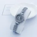 Nahaufnahme der eleganten Damen Quarz Armbanduhr mit glitzernden Strasssteinen am Gehäuse. - Silberschwarz
