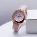 Korean style square quartz women watch pink leather strap crystal dress wristwatch detail - Pink