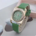 Fashion green square quartz watch for women with rhinestone bezel and stylish leather strap. - Green