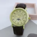 Elegante Herren-Quarzuhr im Retro-Stil mit goldfarbenem Gehäuse und braunem Lederarmband. - Goldenes Gehäuse Goldenes Zifferblatt Braunes Armband