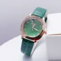 Green square quartz women watch with rhinestones and leather strap fashion elegant timepiece - Green