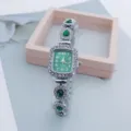Women rhinestone quartz watch green square dial elegant crystal bracelet wristwatch - Green