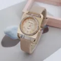 Stylish square women quartz watch with rhinestones and beige leather strap for daily wear. - Yellow