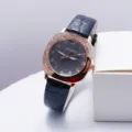 Square quartz women's watch with rhinestone bezel, elegant black leather strap for casual wear. - Black