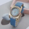 Fashion square quartz women's watch with light blue leather strap and rhinestone dial bezel. - Blue