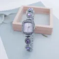 Detailed view of women rhinestone quartz watch, square pink dial, purple crystal bracelet. - Purple
