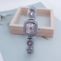 Elegant square rhinestone women quartz watch with pink dial and sparkling crystal bracelet. - Pink