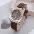 Women square quartz watch with rhinestone dial brown leather strap fashion casual wristwatch - Coffee