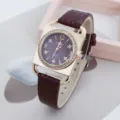 Fashion square women quartz watch with rhinestone bezel and stylish brown leather strap. - Burgundy