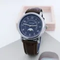 Vista dettagliata orologio quarzo uomo quadrante blu, fase lunare e cinturino pelle marrone. - Quadrante Nero Cinturino Marrone Argento