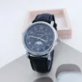 Orologio al quarzo da uomo classico con quadrante nero cinturino in pelle e fase lunare. - Quadrante Nero Cinturino Nero Argento
