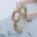 Women's gold-tone square rhinestone quartz watch with pink dial and decorative crystal bracelet. - Pink