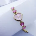 Heart-shaped crystal quartz watch for women, stylish pink chain ladies watch with gold case. - Gold & Pink