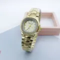 Women's gold square quartz watch featuring a sparkling rhinestone bezel and durable metal strap. - All Gold