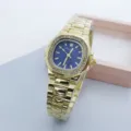 Elegant women square quartz watch featuring rhinestone bezel and gold alloy bracelet detail. - Gold Blue