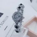Modische Blumen Strass Quarz Damenuhr elegante Kristall Armbanduhr Schmuckgeschenk Damen - Silberschwarz