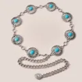 Cadena de cintura de metal bohemio plateado con dijes turquesas para vestidos retro de mujer. - Estilo Floral Turquesa Plateado (3)