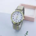 Senioren quartz horloge detail, grote wijzerplaat witte cijfers, gouden ring veer stalen band. - Herenstijl (250420) / Tweekleurig goud voor heren