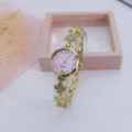 Women's quartz watch with clover bracelet rhinestone pink dial elegant fashion wrist watch - Gold Pink
