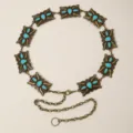 Chaîne de taille bohème vintage en métal turquoise pour femmes, ceinture rétro en laiton pour jeans. - Style Motif Turquoise Bronze Antique (16)