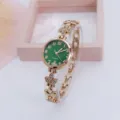 Exquisite clover quartz watch with green dial, sparkling rhinestones, and elegant gold bracelet strap. - Rose Gold Green