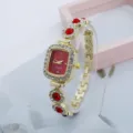 Women's square quartz watch luxury crystal rhinestone red dial fashion bracelet watch - Red